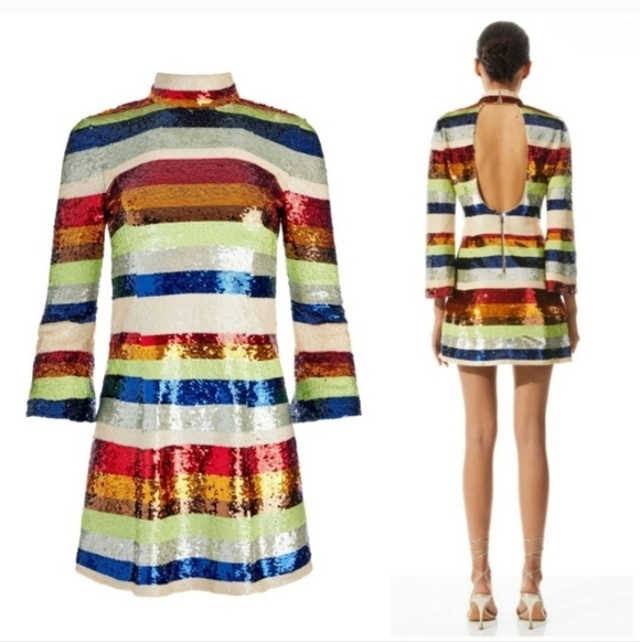 Alice + Olivia Mailynn Sequin Striped Multicolored Mini Dress SIZE 12 NWT $985 - Picture 3 of 15